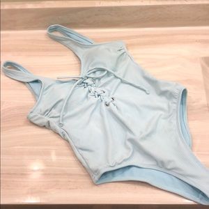 Baby blue one piece cheeky low back swim suit